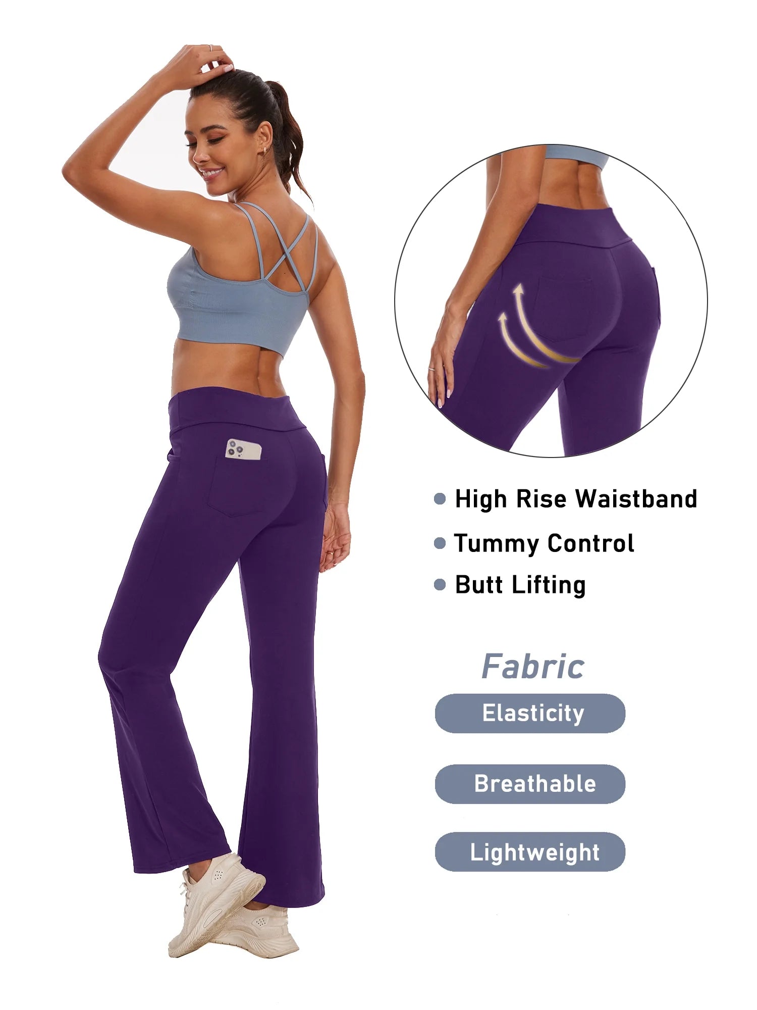 Womens Bootcut Yoga Pants with Pockets Flare Workout Legging High Waist Lightweight Bottoms Activewear Purple M