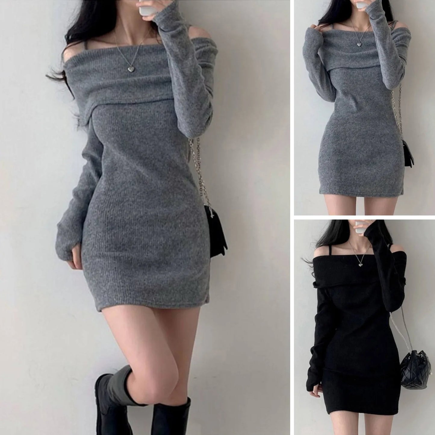 Womens Dresses Spring Fashion Cold Shoulder Lantern Sleeve Casual Plain Long Sleeve Daily Mini Knit Sweater Dress Woman Clothing