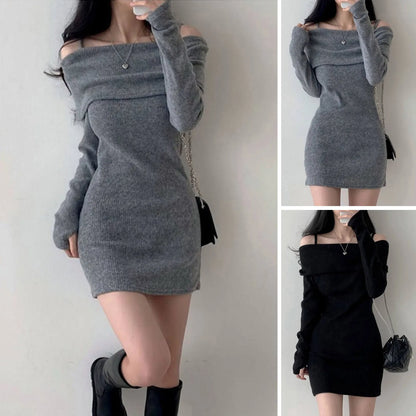 Womens Dresses Spring Fashion Cold Shoulder Lantern Sleeve Casual Plain Long Sleeve Daily Mini Knit Sweater Dress Woman Clothing